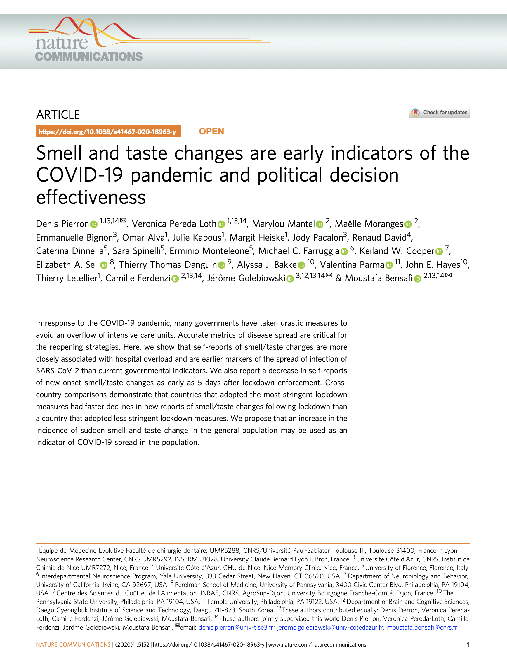 Smell and taste changes are early indicators of the COVID-19 pandemic and political decision effectiveness